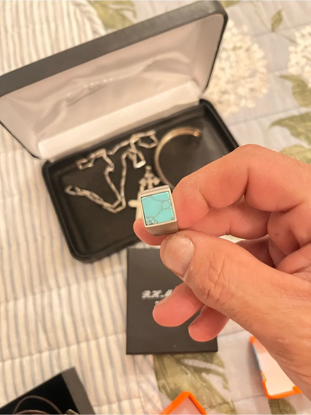 Men's Turquoise Stone Stainless Steel Signet Ring - Blue size 8